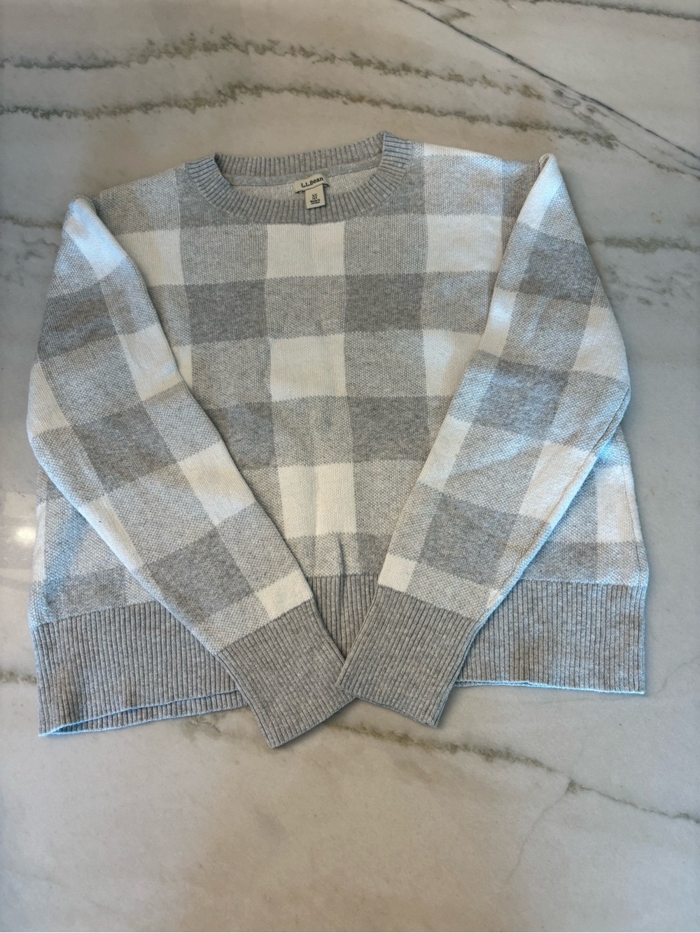 L.L Bean Cotton Cashmere Grey White Chunky Plaid Crewneck Cozy Sweater Fall Sz S